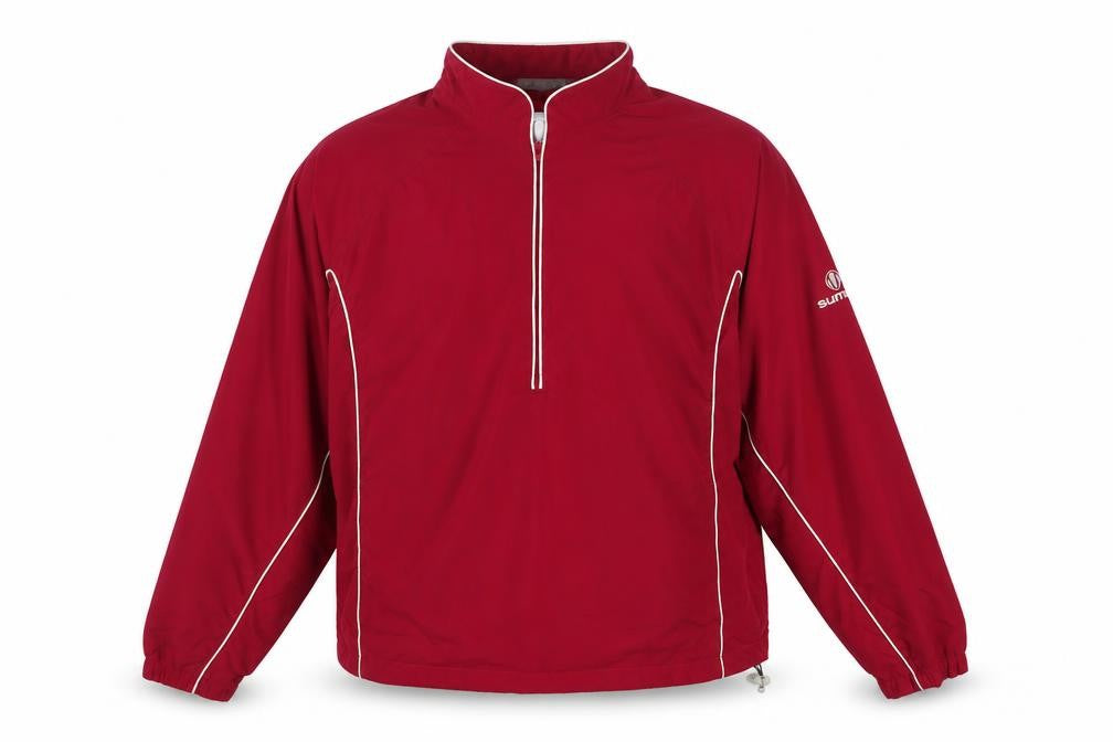 Front view of Sunice Men’s Red L Windbreaker Golf Jacket 1/4 Zip Polyester