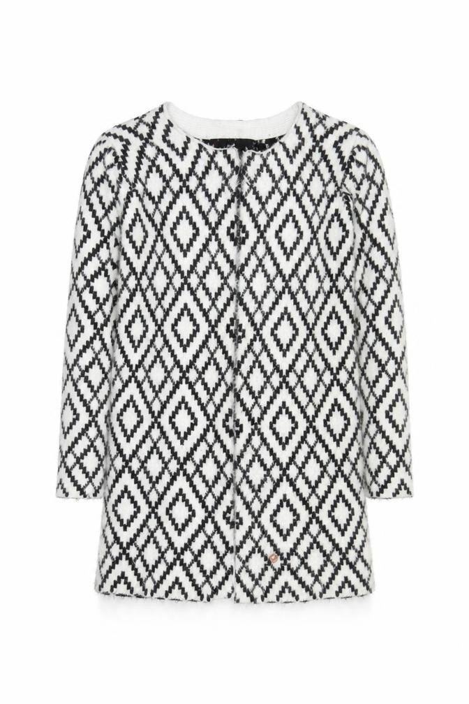 Front view of Rant & Rave Women's Black & White XS Geometric Knit Cardigan