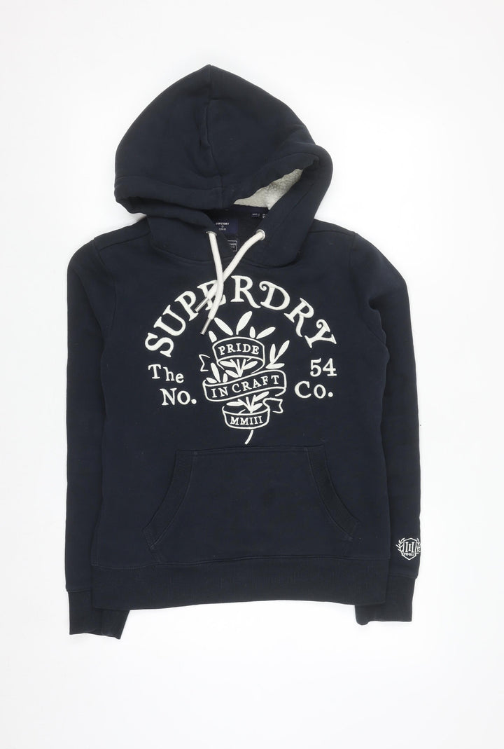 Superdry Womens Navy Blue Pullover Hoodie UK 10 Lined Cotton Blend