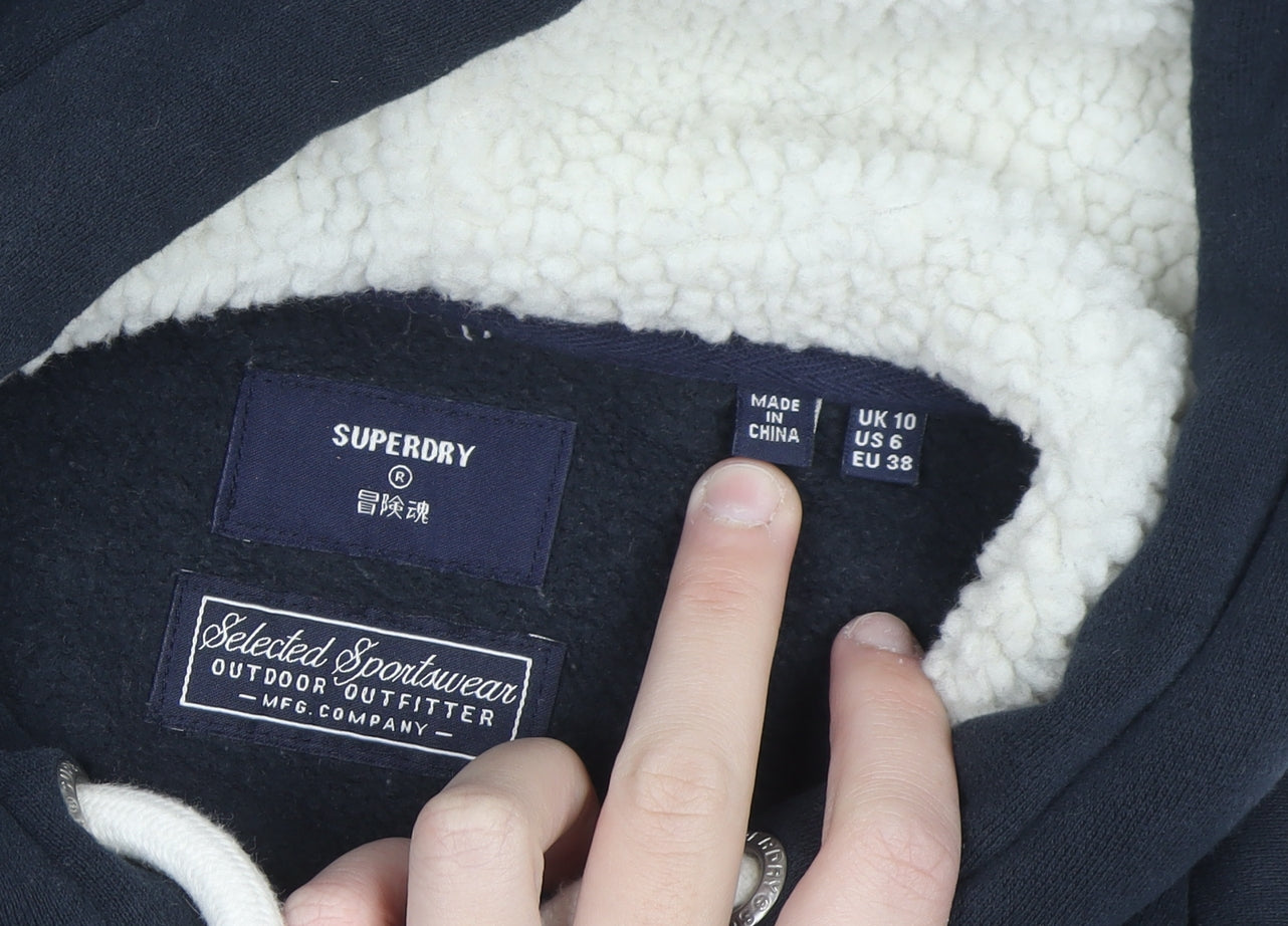 Superdry Womens Navy Blue Pullover Hoodie UK 10 Lined Cotton Blend