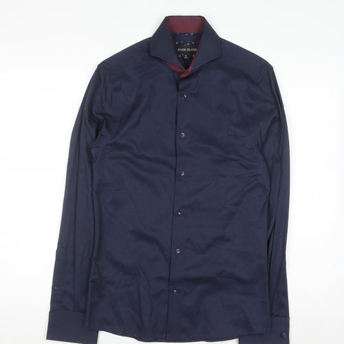 River Island Men's Blue Slim Fit Long Sleeve Button-Up Shirt XS