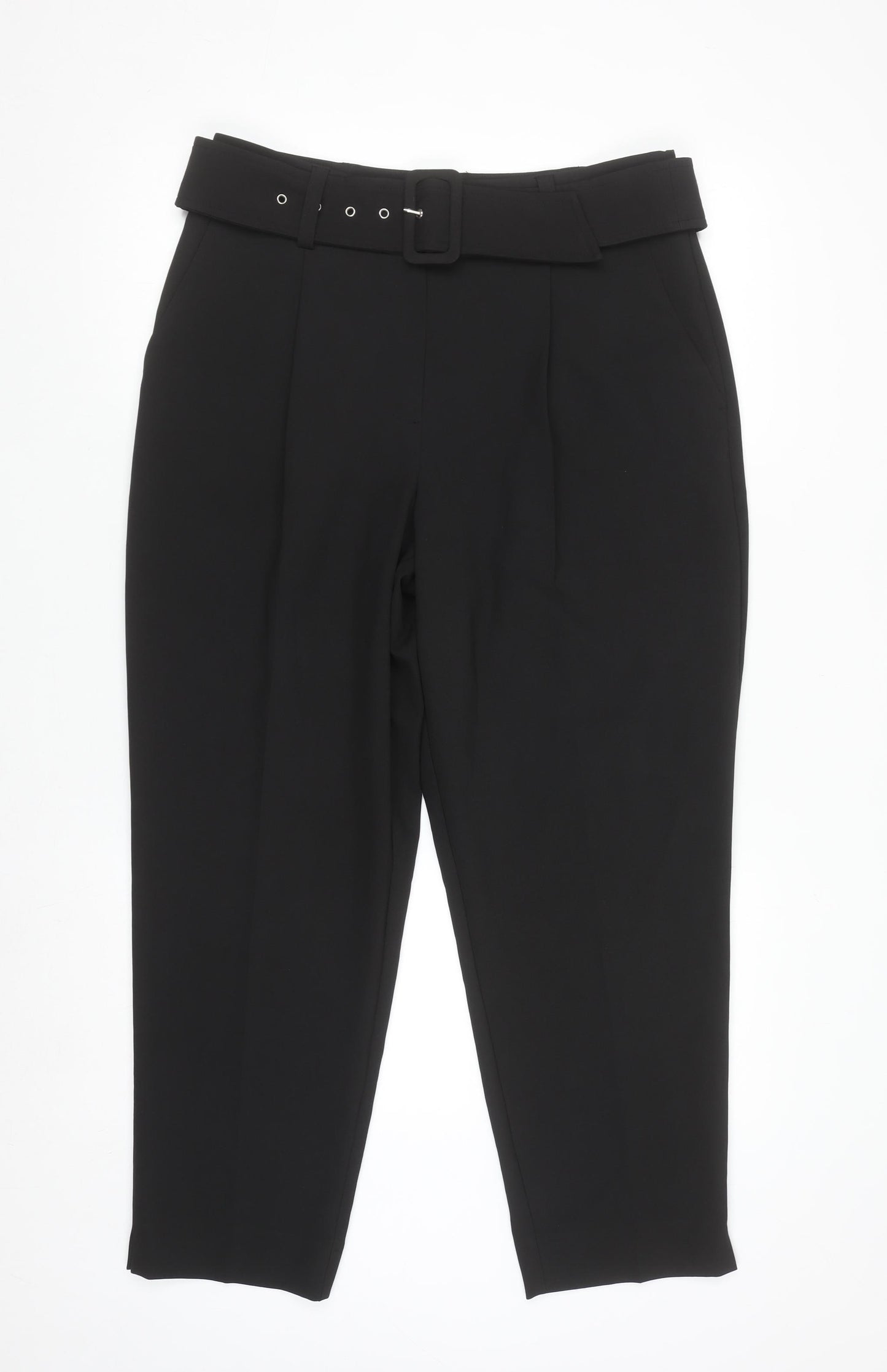 Primark Women's Black Size 12 Belted Pleated Tapered Trousers