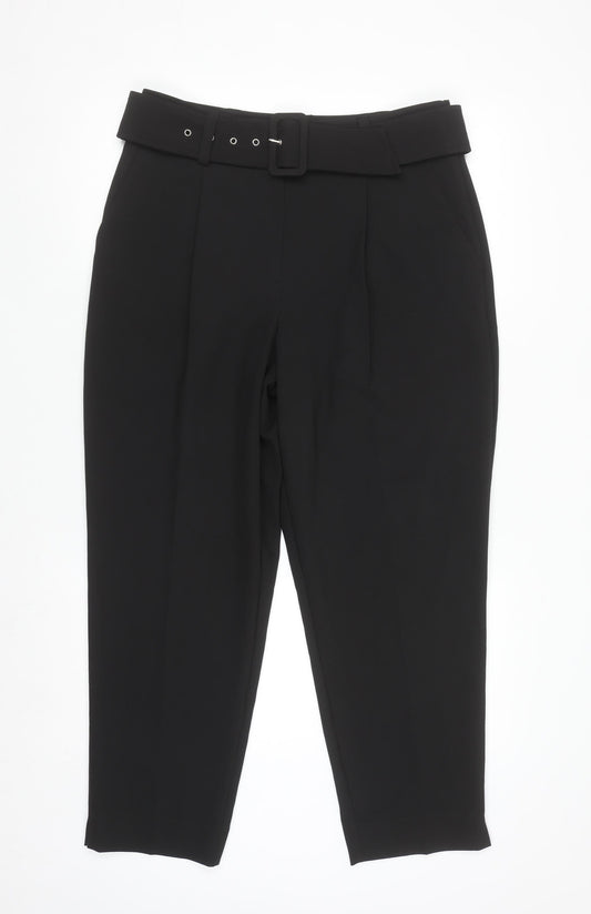 Primark Women's Black Size 12 Belted Pleated Tapered Trousers