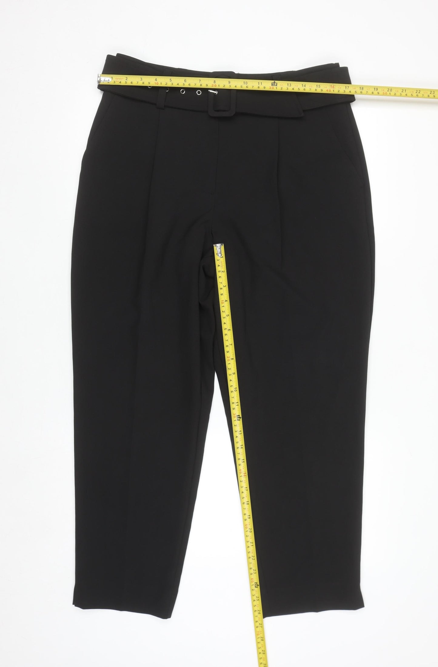 Primark Women's Black Size 12 Belted Pleated Tapered Trousers