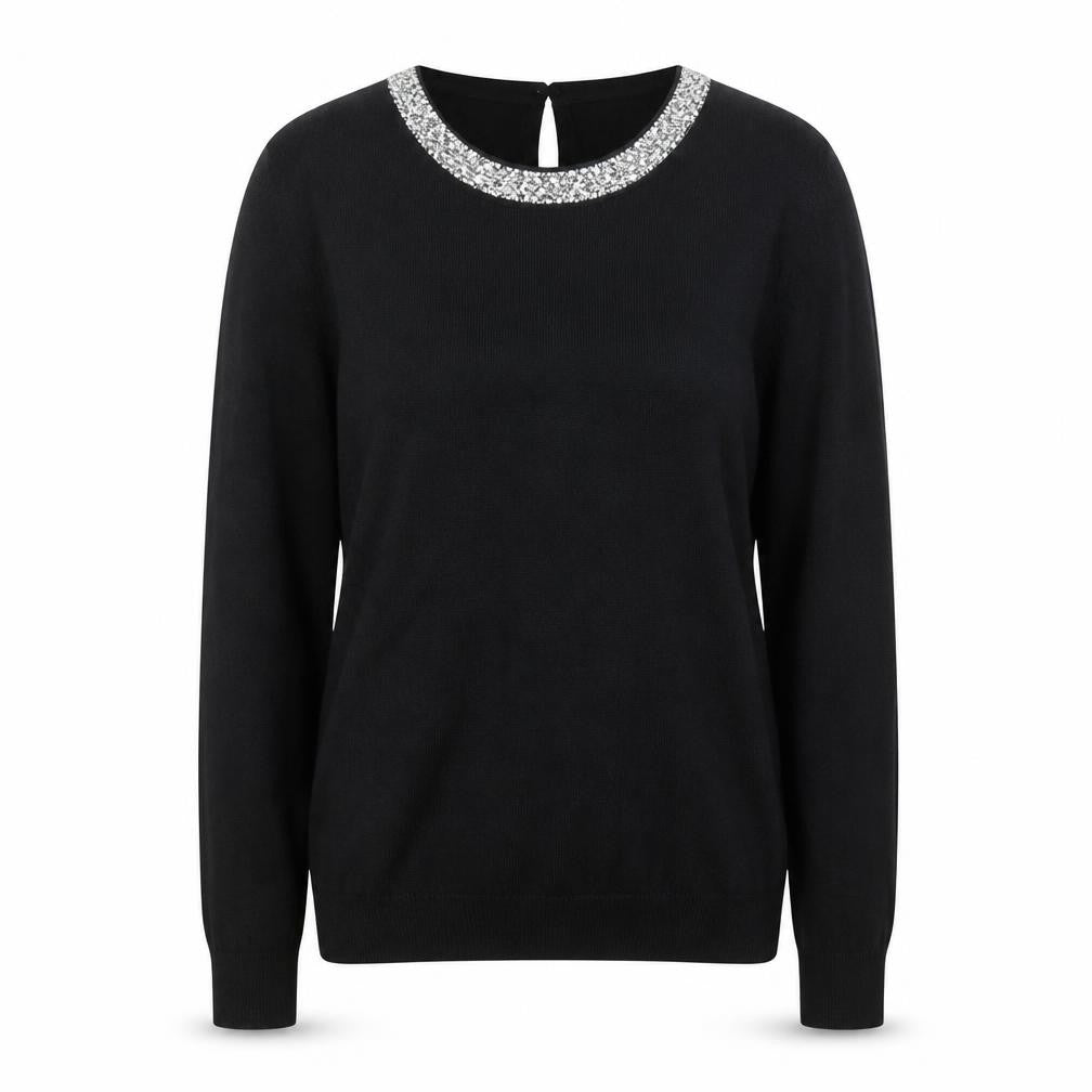 Front view of Primark Women’s Black Jewel Neck Long Sleeve jumper, size UK 10/12