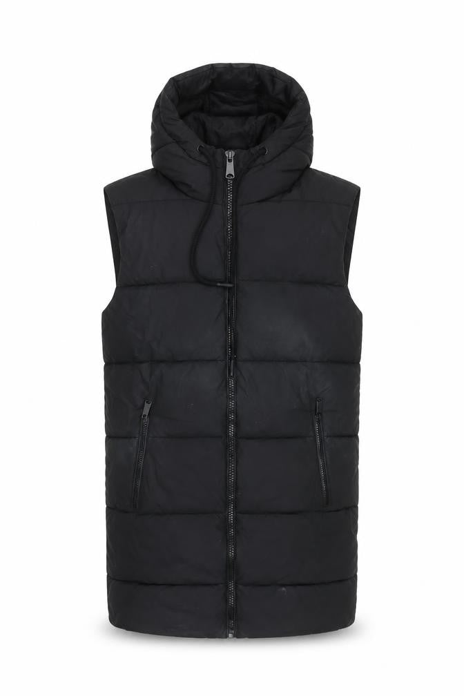 Front view of Dunnes men’s black hooded puffer waistcoat, size S