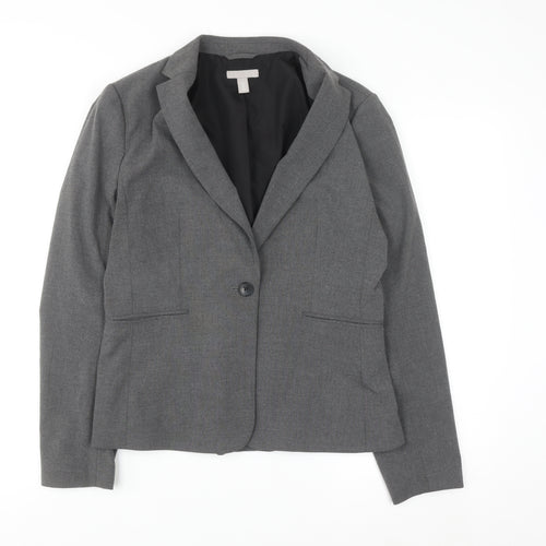 H&M Women Grey One-Button Suit Jacket Size 12 Classic Fit