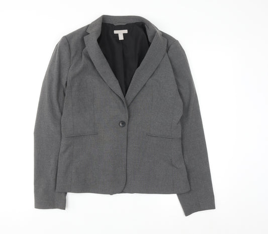 H&M Women Grey One-Button Suit Jacket Size 12 Classic Fit