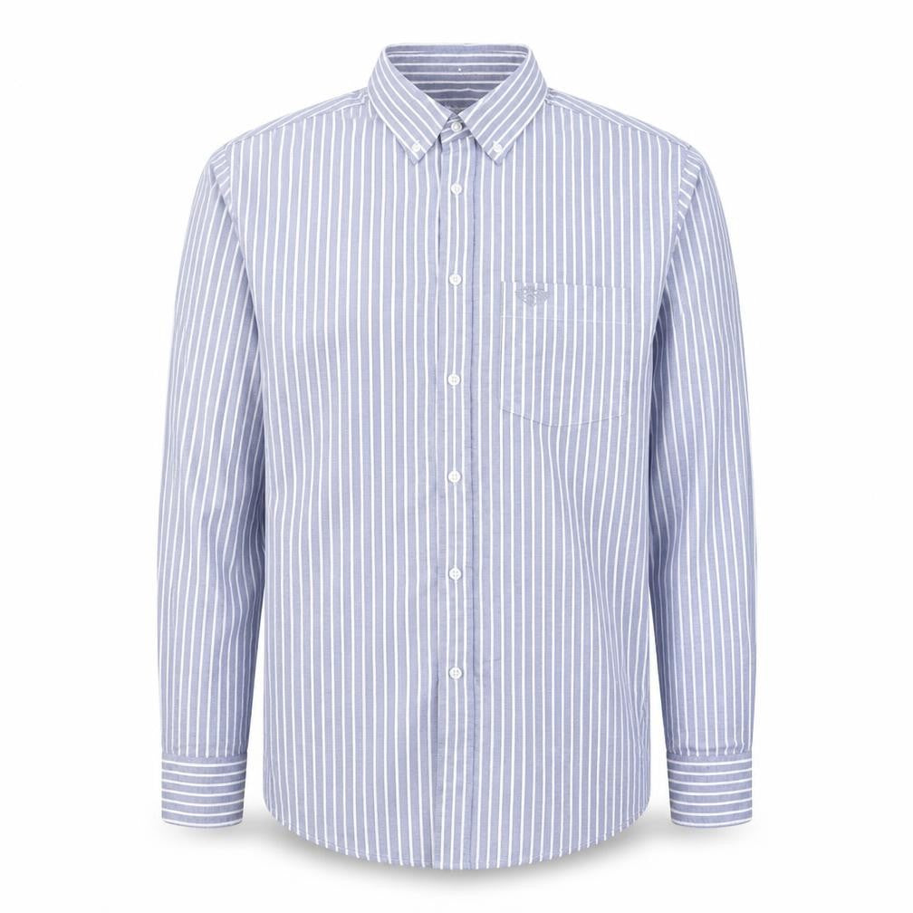 Front view of Paul Costelloe Men’s Blue Striped Regular Fit Long Sleeve Button-Up Shirt Medium