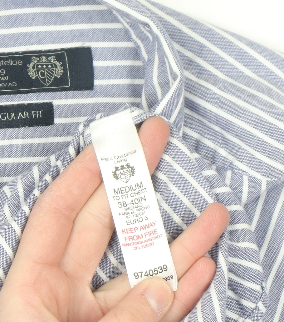 Paul Costelloe Men’s Blue Striped Regular Fit Long Sleeve Button-Up Shirt Medium