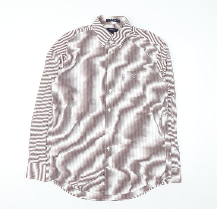 GANT Men's Brown Striped Button-Down Long Sleeve Regular Fit Shirt L