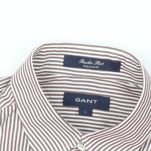 GANT Men's Brown Striped Button-Down Long Sleeve Regular Fit Shirt L