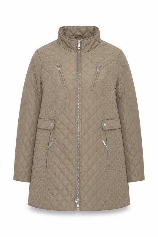 Front view of MS VASS Women's Brown Quilted Mid-Length Coat, size 16