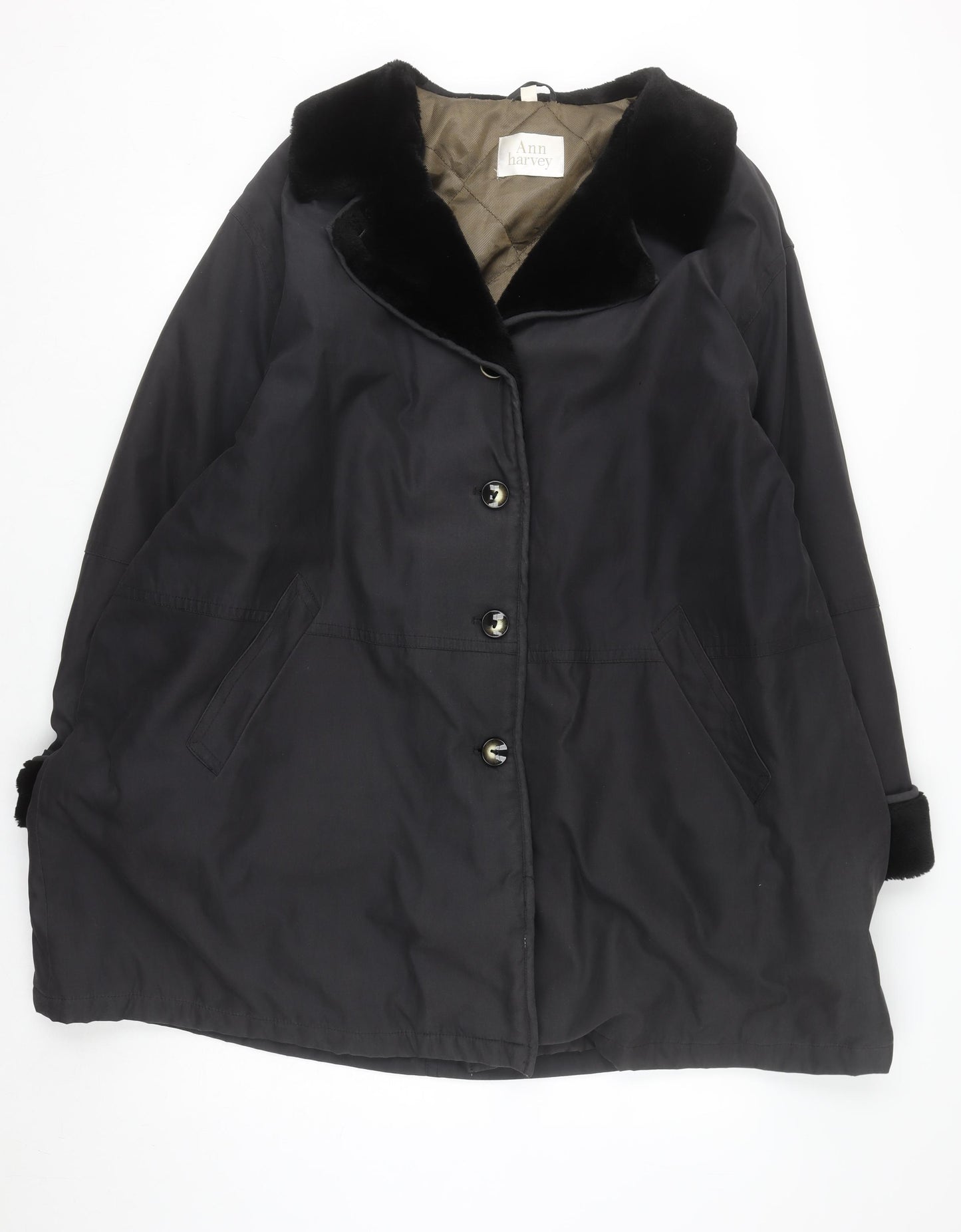 Ann Harvey Women's Black Long Overcoat Size 20 Faux Fur Collar