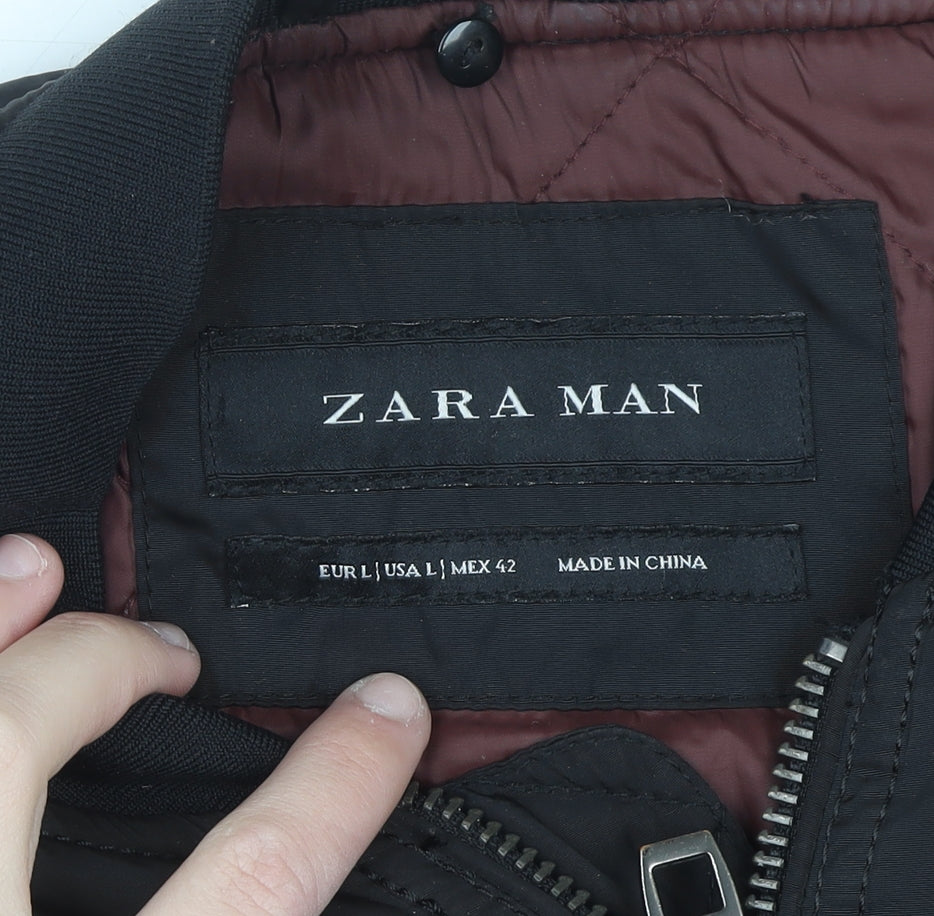 ZARA MAN Men's Black Bomber Jacket L Full Zip Lightweight