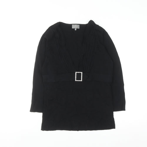 Jeff Banks Women Black Size 12 V-Neck Tunic Jumper with Buckle Detail
