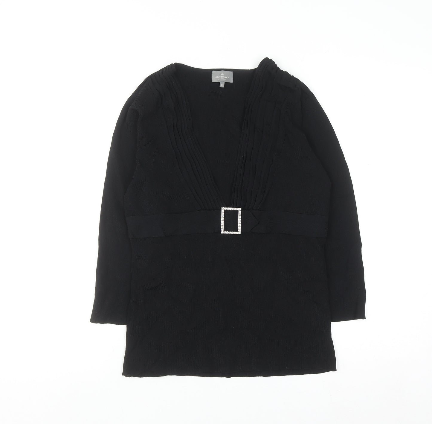 Jeff Banks Women Black Size 12 V-Neck Tunic Jumper with Buckle Detail