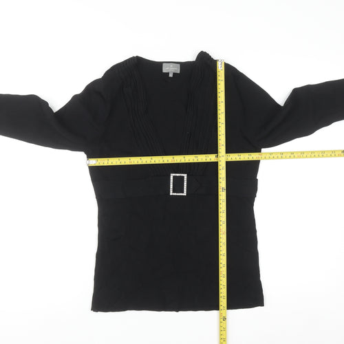 Jeff Banks Women Black Size 12 V-Neck Tunic Jumper with Buckle Detail