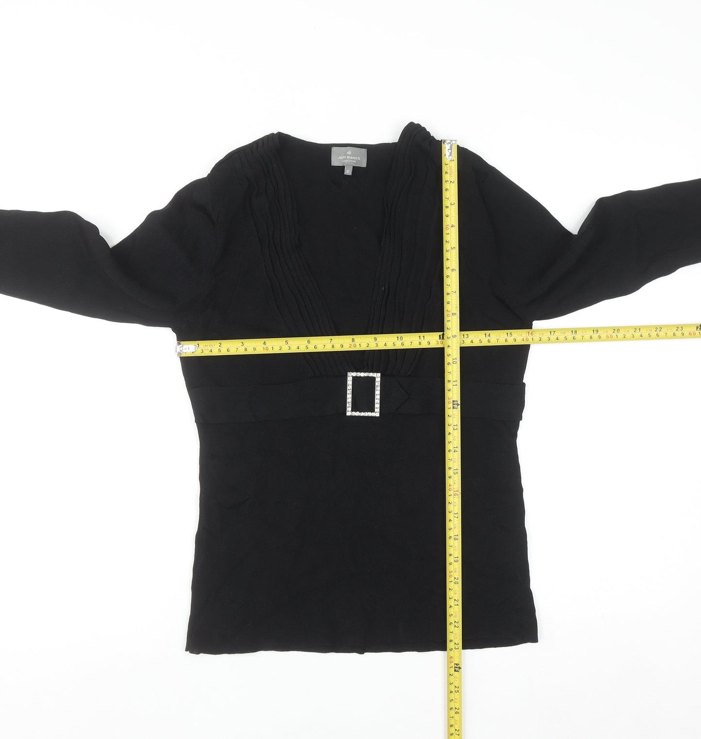 Jeff Banks Women Black Size 12 V-Neck Tunic Jumper with Buckle Detail