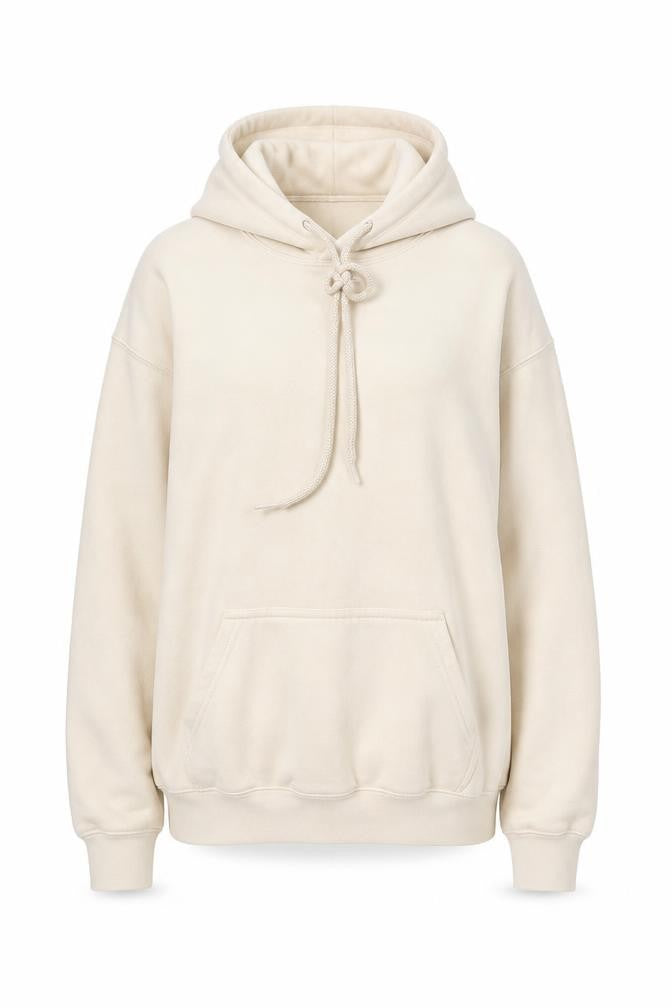 Front view of Boohoo women’s beige pullover hoodie small limited edition fleece