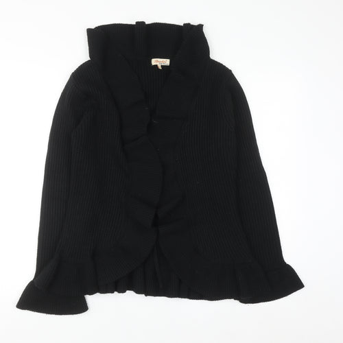 Specchio Women's Black Ruffle Knit Cardigan Jumper Size L