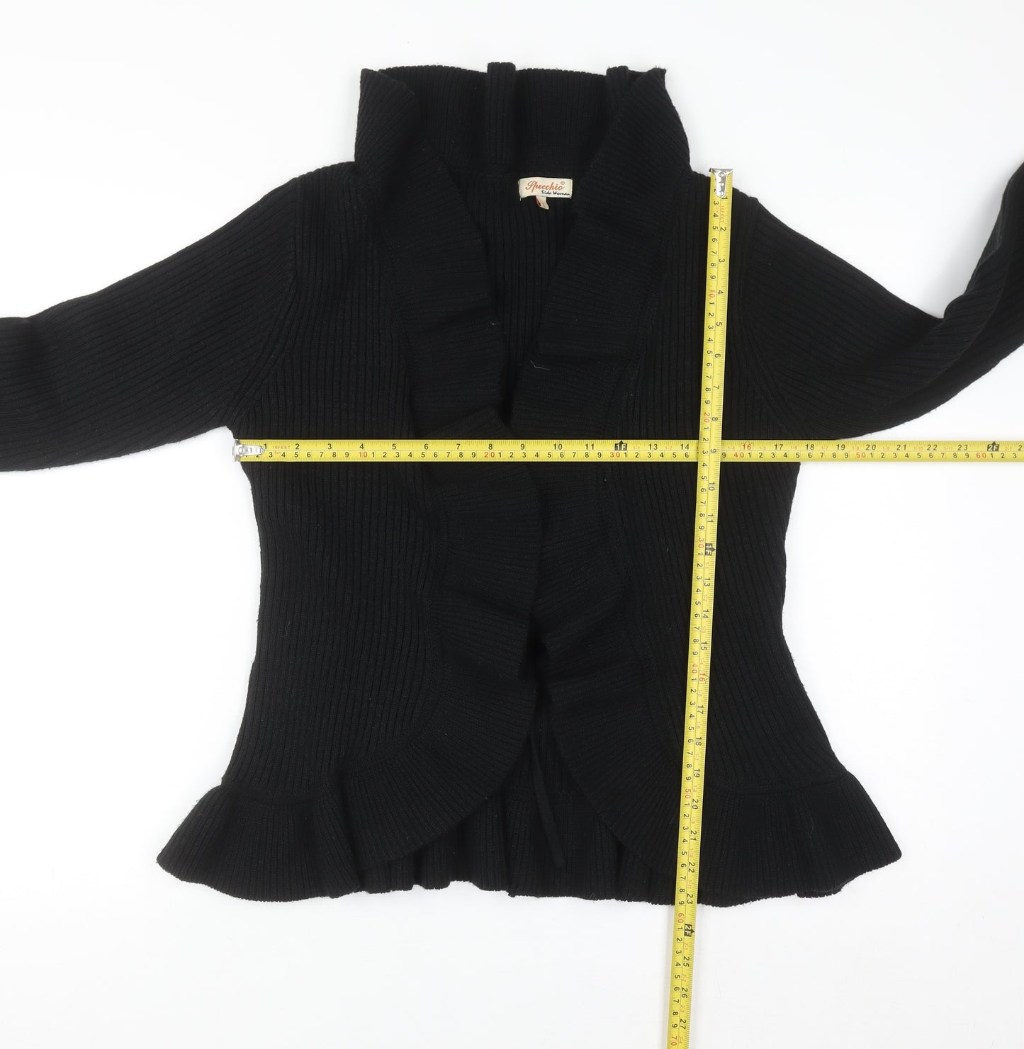 Specchio Women's Black Ruffle Knit Cardigan Jumper Size L