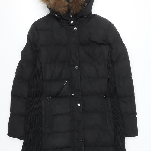 Rino & Pelle Women's Black Long Puffer Coat Size 10 Hooded Fur Trim