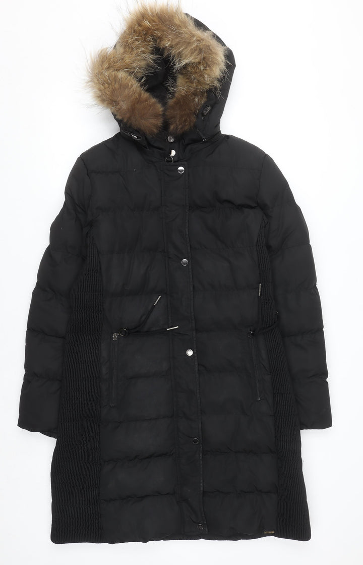 Rino & Pelle Women's Black Long Puffer Coat Size 10 Hooded Fur Trim