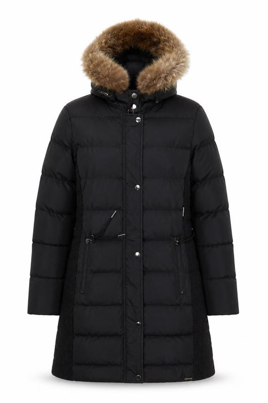 Front view of Rino & Pelle Women's Black Long Puffer Coat, size 10, Hooded Fur Trim