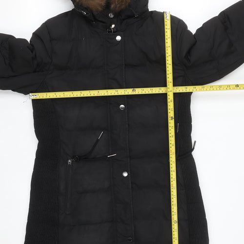 Rino & Pelle Women's Black Long Puffer Coat Size 10 Hooded Fur Trim