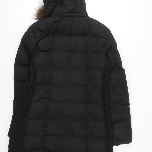 Rino & Pelle Women's Black Long Puffer Coat Size 10 Hooded Fur Trim