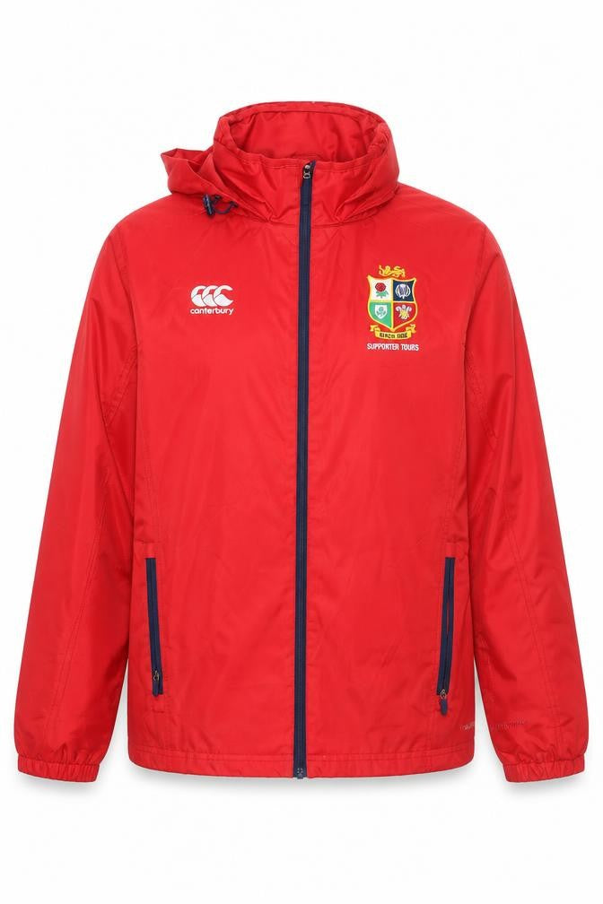Front view of Canterbury women’s red hooded rain coat jacket, size UK 16, water resistant