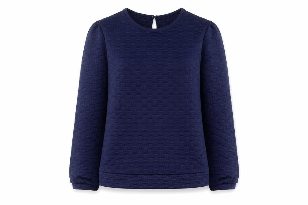 Front view of Savida women’s navy blue pullover sweatshirt large textured long sleeve
