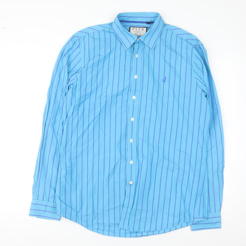 Thomas Pink Men's Blue Striped Classic Fit Cotton Long Sleeve Shirt M