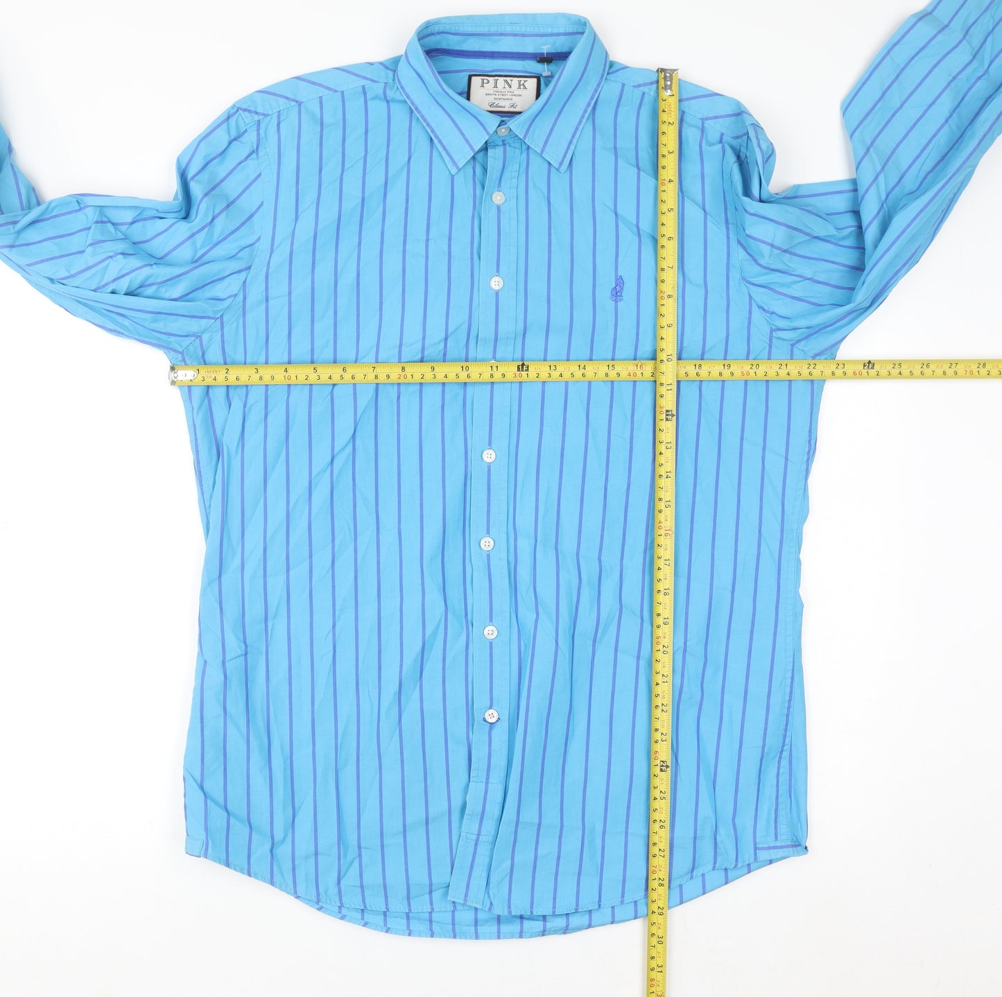 Thomas Pink Men's Blue Striped Classic Fit Cotton Long Sleeve Shirt M