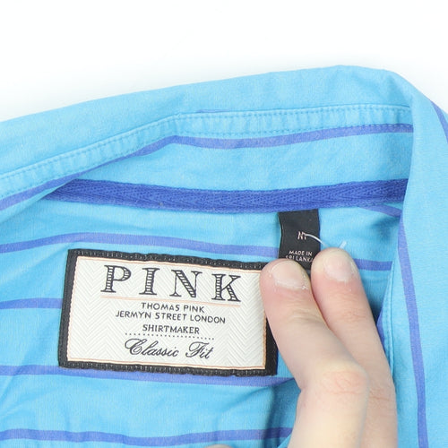 Thomas Pink Men's Blue Striped Classic Fit Cotton Long Sleeve Shirt M