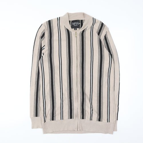 boohooMAN Men's Beige Striped Full Zip Jumper Size M Classic Knitwear