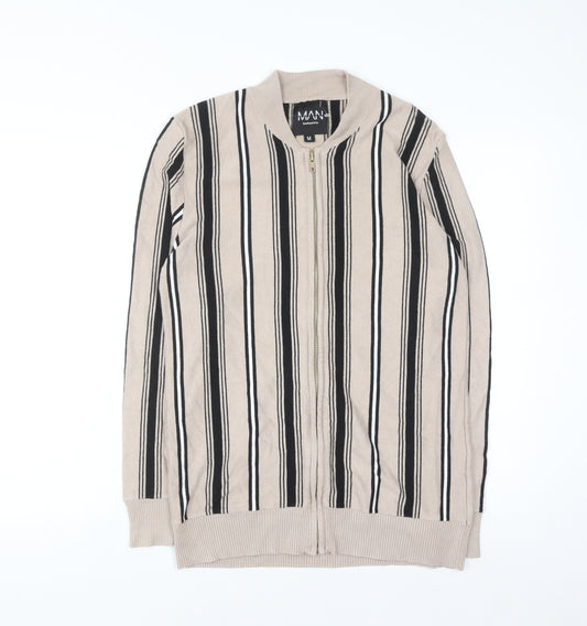 boohooMAN Men's Beige Striped Full Zip Jumper Size M Classic Knitwear