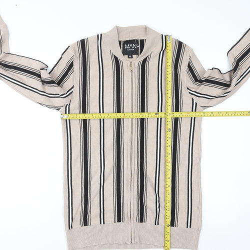 boohooMAN Men's Beige Striped Full Zip Jumper Size M Classic Knitwear