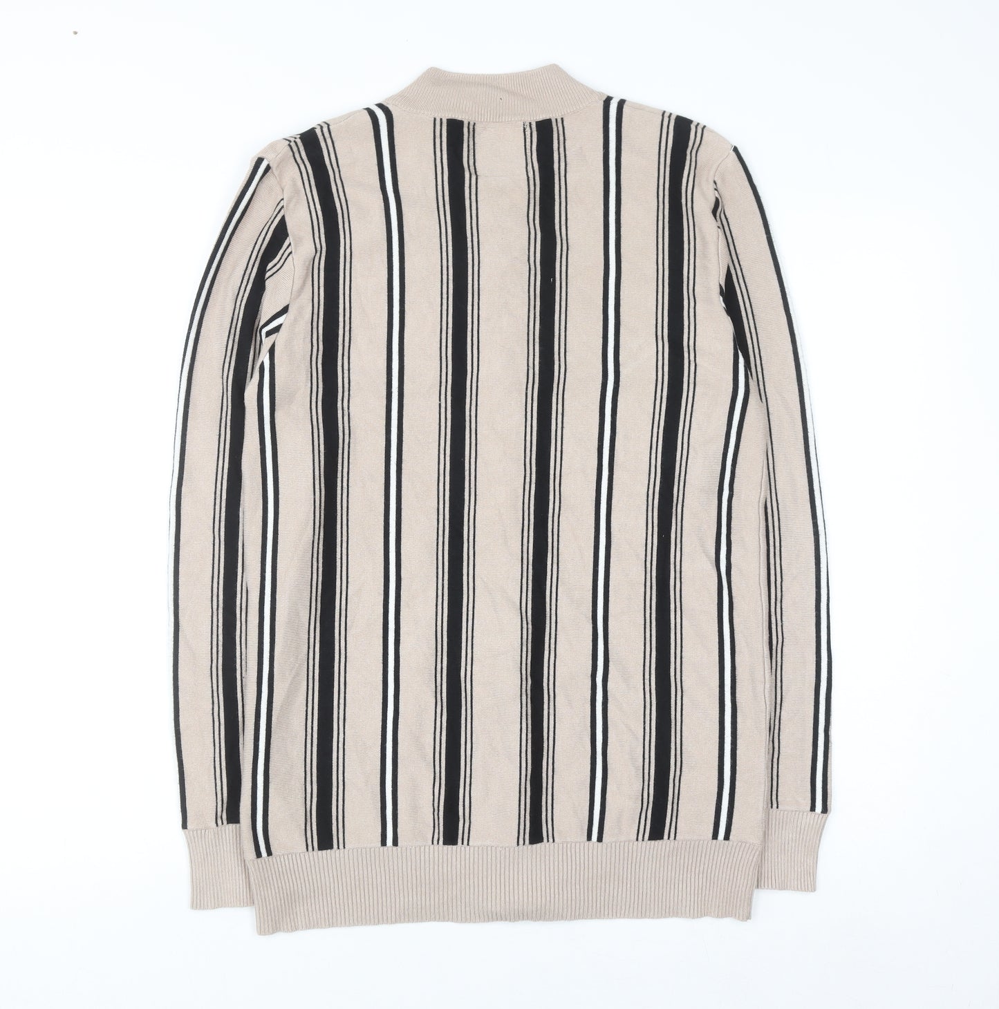 boohooMAN Men's Beige Striped Full Zip Jumper Size M Classic Knitwear