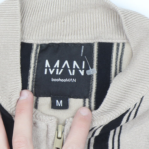 boohooMAN Men's Beige Striped Full Zip Jumper Size M Classic Knitwear