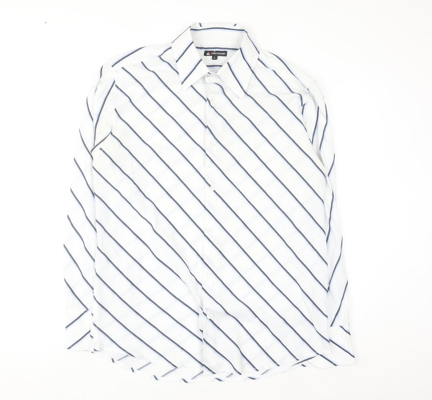 Precision Men’s White Striped Long Sleeve Regular Fit Button-Up Shirt L