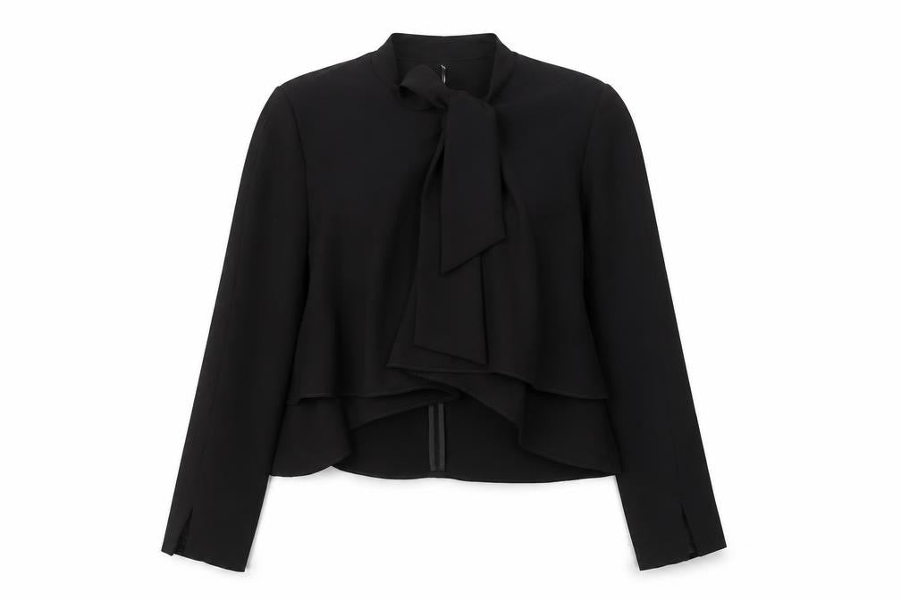 Front view of Zara Women Black Bow Neck Long Sleeve Wrap Blouse, size 12