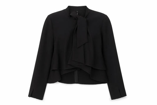 Front view of Zara Women Black Bow Neck Long Sleeve Wrap Blouse, size 12