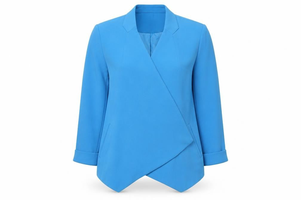 Front view of Warehouse Women Blue Regular Fit Lined Open Front Blazer UK 8