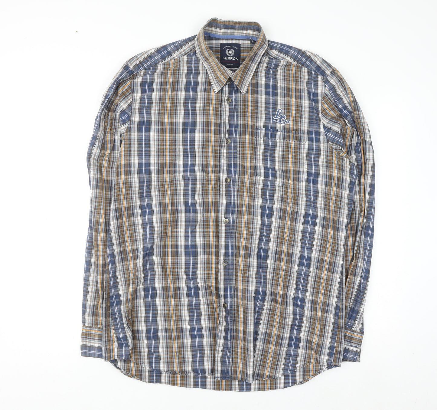 Lerros Men's Blue Check Long Sleeve Cotton Button-Up Shirt Size L