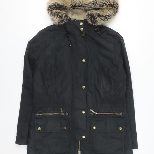 Barbour Women Black Waxed Fur Hooded Parka Jacket Size 10