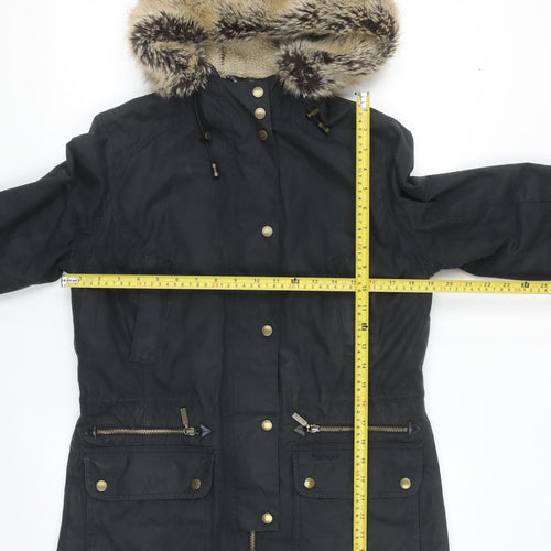 Barbour Women Black Waxed Fur Hooded Parka Jacket Size 10