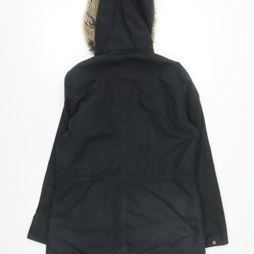 Barbour Women Black Waxed Fur Hooded Parka Jacket Size 10