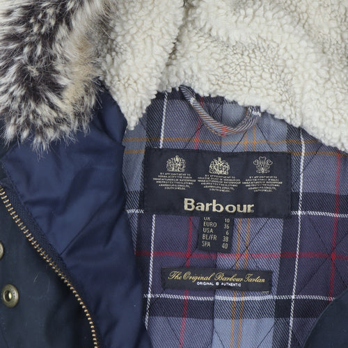 Barbour Women Black Waxed Fur Hooded Parka Jacket Size 10